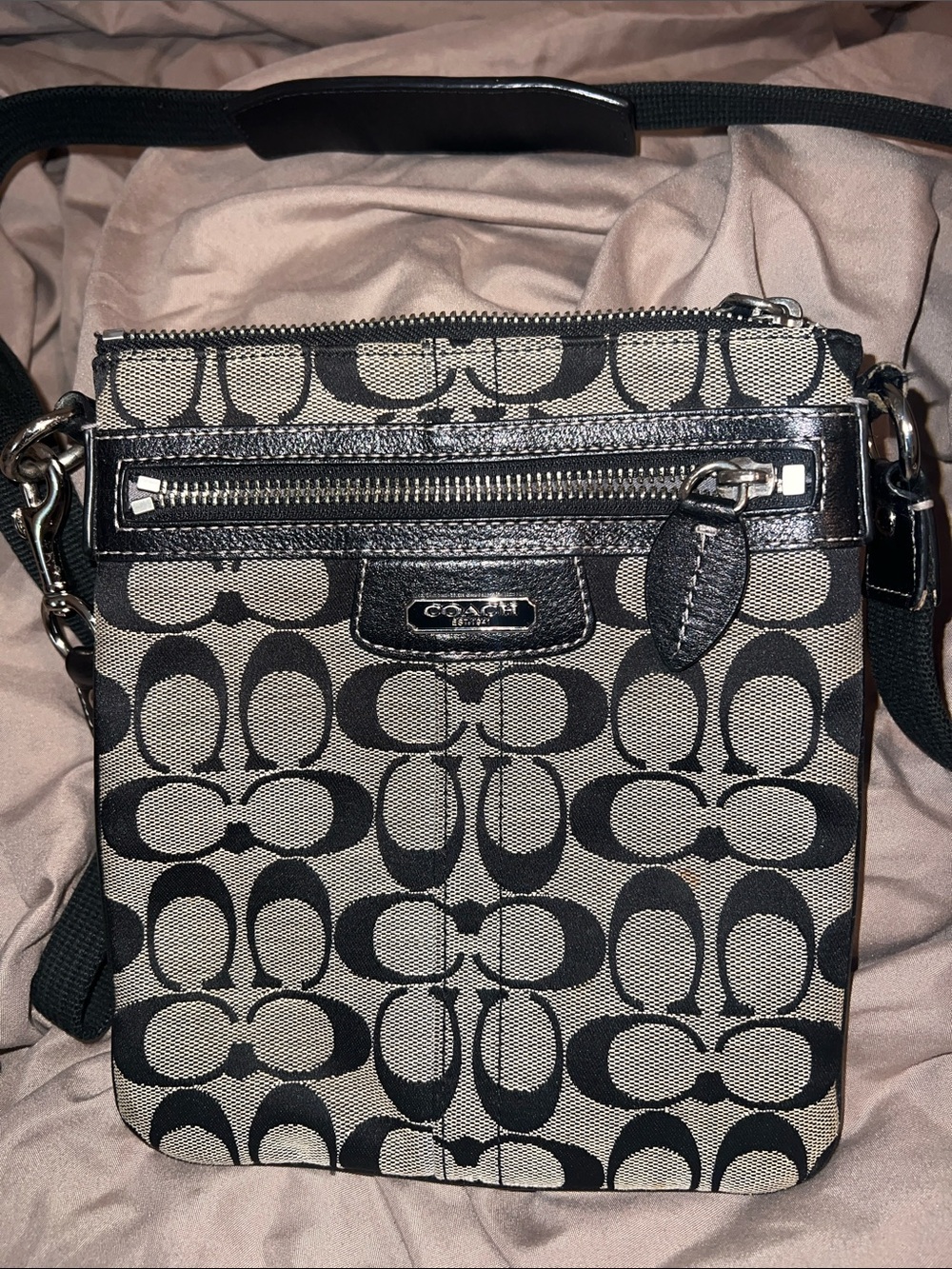 Coach Two-Tone Signature Canvas Shoulder Bag in Black and Beige
